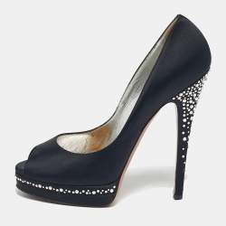 مملوكة مسبق�ًا Casadei Black Satin Crystal Embellished Peep Toe Pumps Size 37.5