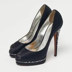 مملوكة مسبقًا Casadei Black Satin Crystal Embellished Peep Toe Pumps Size 37.5