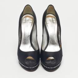 مملوكة مسبقًا Casadei Black Satin Crystal Embellished Peep Toe Pumps Size 37.5