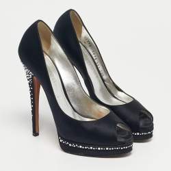 مملوكة مسبقًا Casadei Black Satin Crystal Embellished Peep Toe Pumps Size 37.5