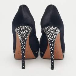 مملوكة مسبقًا Casadei Black Satin Crystal Embellished Peep Toe Pumps Size 37.5