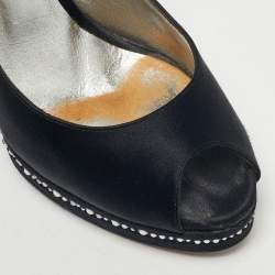 مملوكة مسبقًا Casadei Black Satin Crystal Embellished Peep Toe Pumps Size 37.5