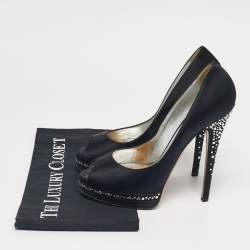 مم�لوكة مسبقًا Casadei Black Satin Crystal Embellished Peep Toe Pumps Size 37.5