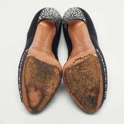 مملوكة مسبقًا Casadei Black Satin Crystal Embellished Peep Toe Pumps Size 37.5