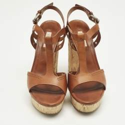 Pre Owned صندل كاساداي سير من الجلد بني بكعب منصة حزام تي مقاس 40.5