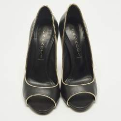 Pre Owned حذاء كعب عالي كاسادي جلد أسود/ذهبي مقدمة مفتوحة مقاس 38