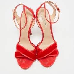 Pre Owned Casadei Size 38.5 Red Satin and Velvet Ankle Strap Sandals
