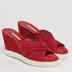 Pre Owned Casadei Size 39 Red Mesh and Suede Wedge Sandals