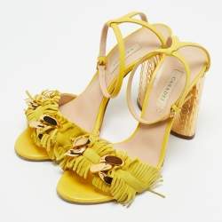 مملوكة مسبقًا Casadei Size 38 Yellow Leather and Suede Fringe Ankle Strap Sandals