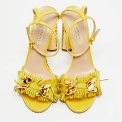 مملوكة مسبقًا Casadei Size 38 Yellow Leather and Suede Fringe Ankle Strap Sandals