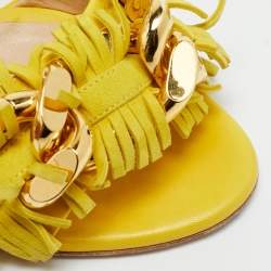 مملوكة مسبقًا Casadei Size 38 Yellow Leather and Suede Fringe Ankle Strap Sandals
