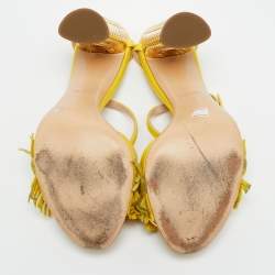 مملوكة مسبقًا Casadei Size 38 Yellow Leather and Suede Fringe Ankle Strap Sandals