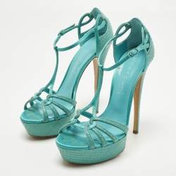 مملوكة مسبقًا Casadei Size 39 Blue Python Leather Platform Ankle Sandals