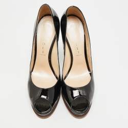 مملوكة مسبقًا حذاء كعب عالي كاساداي جلد لامع أسود مقدمة مفتوحة منصة مقاس 38