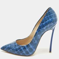 Pre Owned Casadei Size 39 Blue Croc Embossed Patent Leather Pointed Toe Pumps