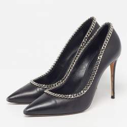 Pre Owned Casadei Blade Size 38 Black Leather Braided Chain Pointed Toe Pumps