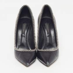 Pre Owned Casadei Blade Size 38 Black Leather Braided Chain Pointed Toe Pumps