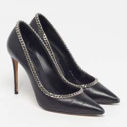 Pre Owned Casadei Blade Size 38 Black Leather Braided Chain Pointed Toe Pumps