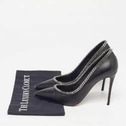 Pre Owned Casadei Blade Size 38 Black Leather Braided Chain Pointed Toe Pumps