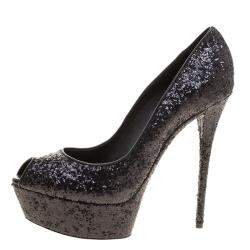 Pre Owned Casadei Black Glitter Peep Toe Platform Pumps Size 38.5