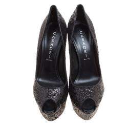 Pre Owned Casadei Black Glitter Peep Toe Platform Pumps Size 38.5
