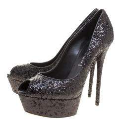 Pre Owned Casadei Black Glitter Peep Toe Platform Pumps Size 38.5