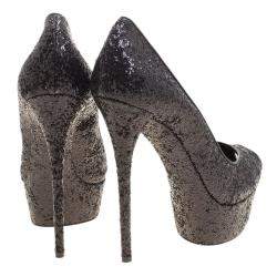 Pre Owned Casadei Black Glitter Peep Toe Platform Pumps Size 38.5