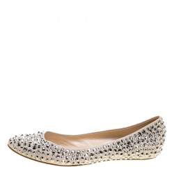 Pre Owned Casadei Beige Crystal Embellished Leather Ballet Flats Size 40