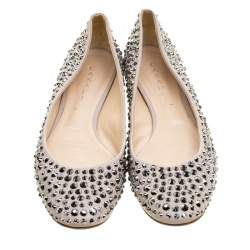 Pre Owned Casadei Beige Crystal Embellished Leather Ballet Flats Size 40