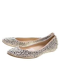 Pre Owned Casadei Beige Crystal Embellished Leather Ballet Flats Size 40