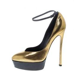 Pre Owned حذاء كعب عالي كاساديه نعل سميك سيور كاحل جلد ذهبي منقوش ميتالك مقاس 39