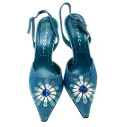 Casadei Blue Denim Pointed Toe Slingback Sandals Size 37.5