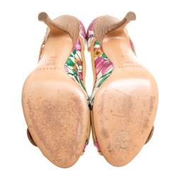 Pre Owned Casadei Beige/Multicolor Leather and Printed Fabric Buckle Detail Pumps Size 37