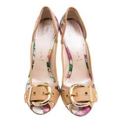 Pre Owned Casadei Beige/Multicolor Leather and Printed Fabric Buckle Detail Pumps Size 37