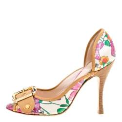 Pre Owned Casadei Beige/Multicolor Leather and Printed Fabric Buckle Detail Pumps Size 37