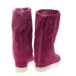 Casadei Pink Perforated Suede Wedge Boots Size 39