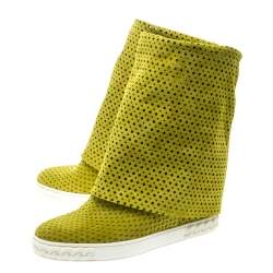 Pre Owned Casadei Lime Green Perforated Suede Wedge Boots Size 39