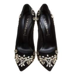 Pre Owned Casadei Black Embroidered Suede Crystal Embellished Pointed Toe Pumps Size 39