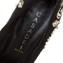 Pre Owned Casadei Black Embroidered Suede Crystal Embellished Pointed Toe Pumps Size 39