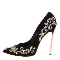 Pre Owned Casadei Black Embroidered Suede Crystal Embellished Pointed Toe Pumps Size 39