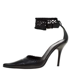 Pre Owned Casadei Black Leather Laser Cut Ankle Cuff Pointed Toe Sandal Size 35