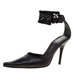 Pre Owned Casadei Black Leather Laser Cut Ankle Cuff Pointed Toe Sandal Size 35