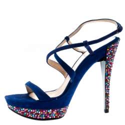 Pre Owned Casadei Royal Blue Suede Crystal Embellished Heel Ankle Wrap Platform Sandals Size 36.5