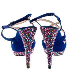 Pre Owned Casadei Royal Blue Suede Crystal Embellished Heel Ankle Wrap Platform Sandals Size 36.5