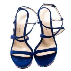 Pre Owned Casadei Royal Blue Suede Crystal Embellished Heel Ankle Wrap Platform Sandals Size 36.5