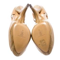 Pre Owned Casadei Beige Leather Peep Toe Ankle Strap Sculpted Heel Platform Sandals Size 40