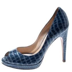 Pre Owned Casadei Blue Croc Embossed Leather Peep Toe Platform Pumps Size 36