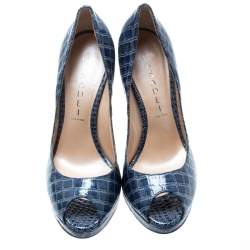 Pre Owned Casadei Blue Croc Embossed Leather Peep Toe Platform Pumps Size 36