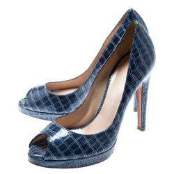 Pre Owned Casadei Blue Croc Embossed Leather Peep Toe Platform Pumps Size 36