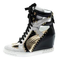 Pre Owned Casadei Tricolor Suede And Leather Studded High Top Wedge Sneakers Size 40